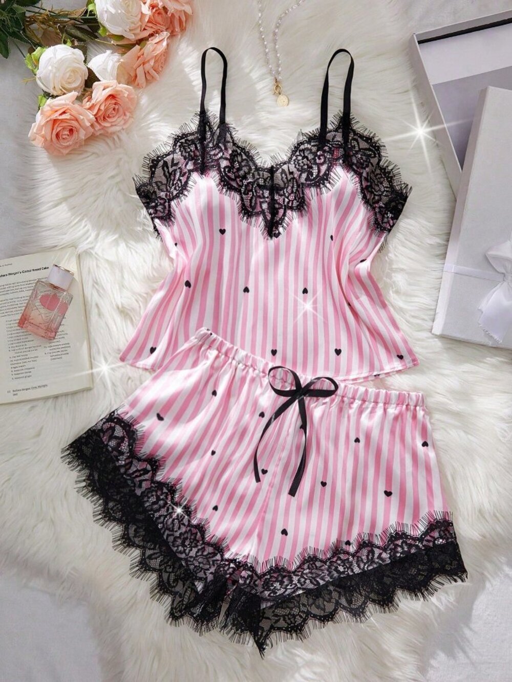Pink Women's Satin Heart Striped Sexy Lingerie Set